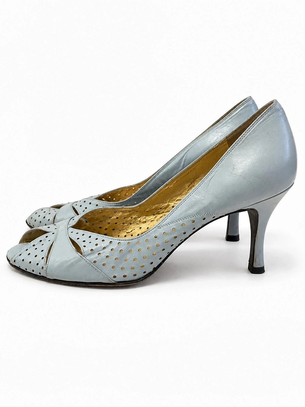 Stuart Weitzman Perforated Peep Toe Heels in Blue